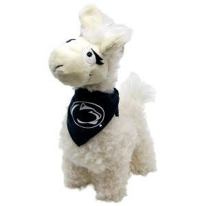 plush stuffed Tina the llama wearing navy bandana with Penn State Athletic Logo